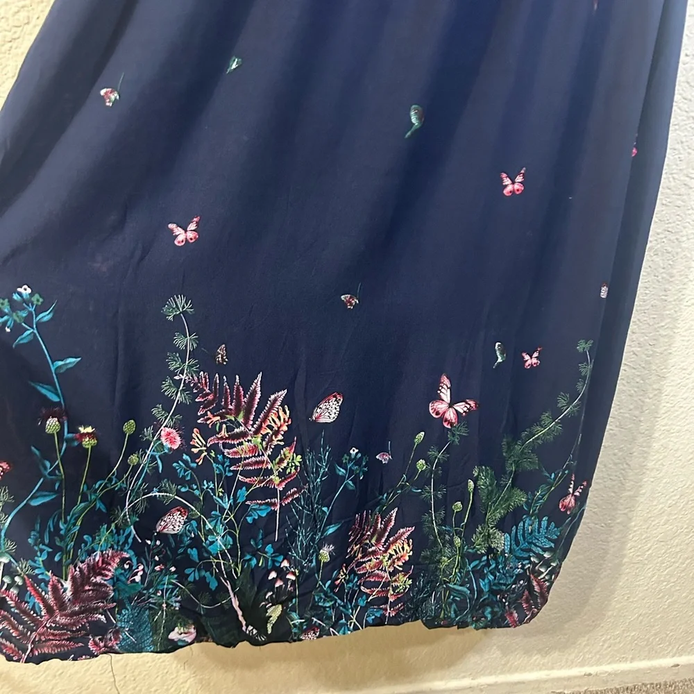 Seven Islands Faux Embroided Sleeveless Floral Navy Maxi Dress tie Front Flowy S